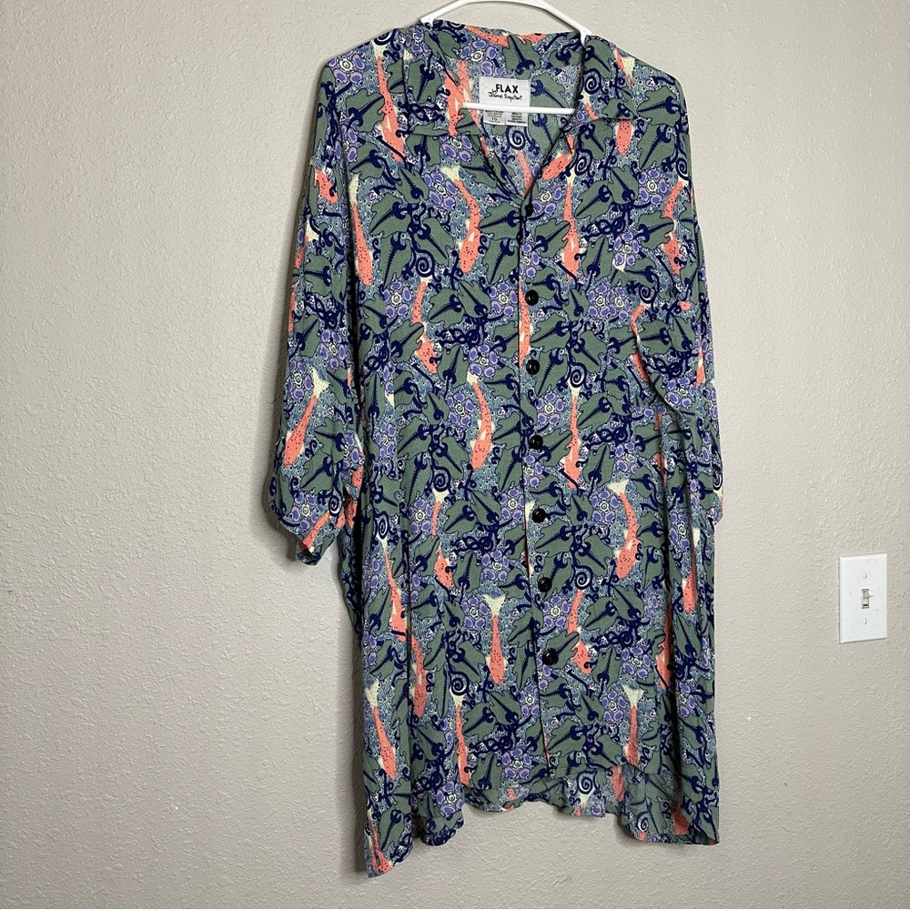Flax by Jeanne Engelhart Rayon Button Up Green Fish Printed Shirt size 1G